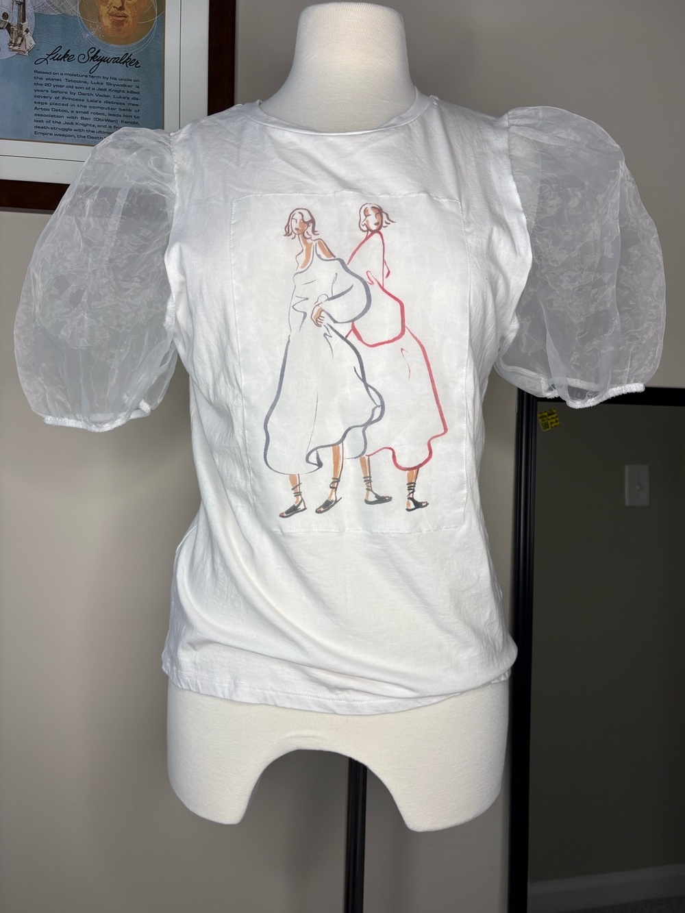 Zara White Puff Sleeve Graphic Blouse